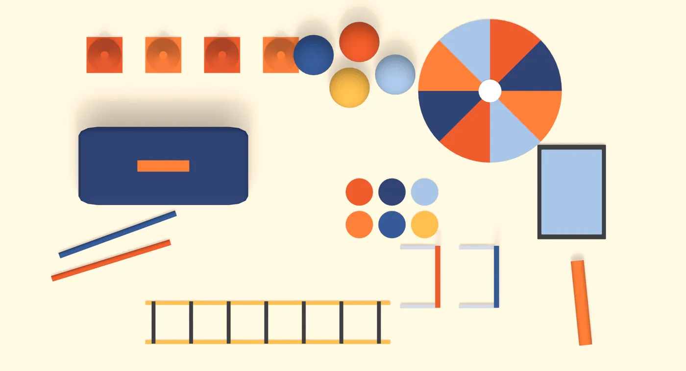 3D illustration of the coach's kit laid flat: cones, foam balls, poly spots, an equipment bag, a parachute, hurdles, an agility ladder and a tablet