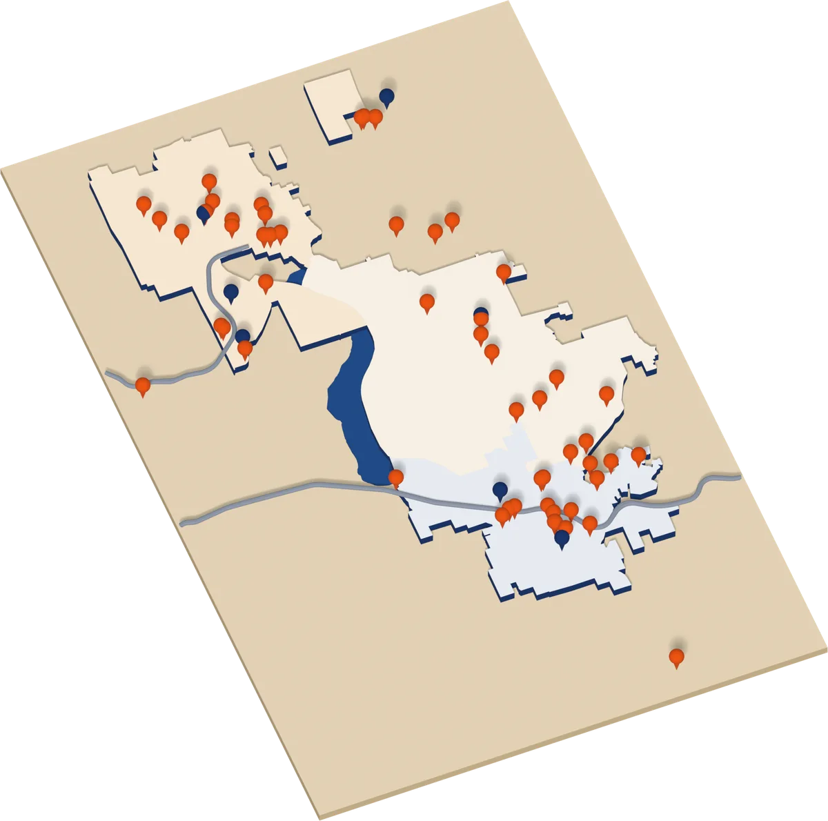 3D relief map of Redmond, Sammamish and Issaquah around Lake Sammamish, with a pin for each of 61 licensed child care centers.